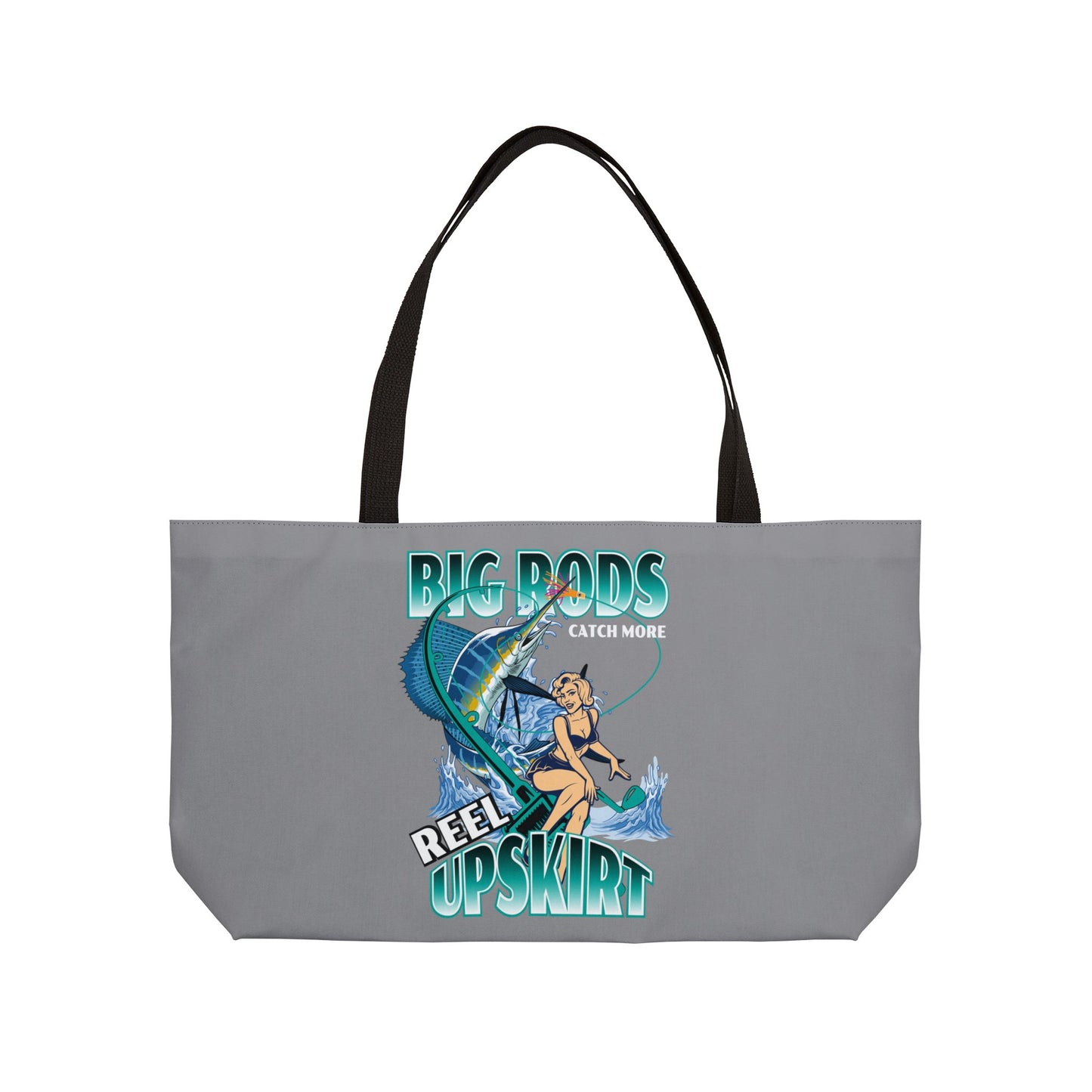 Weekender Tote Bag printed with 2 of our top selling designs, Caught Ya Lookin, and Big Rods Catch More Fish/
