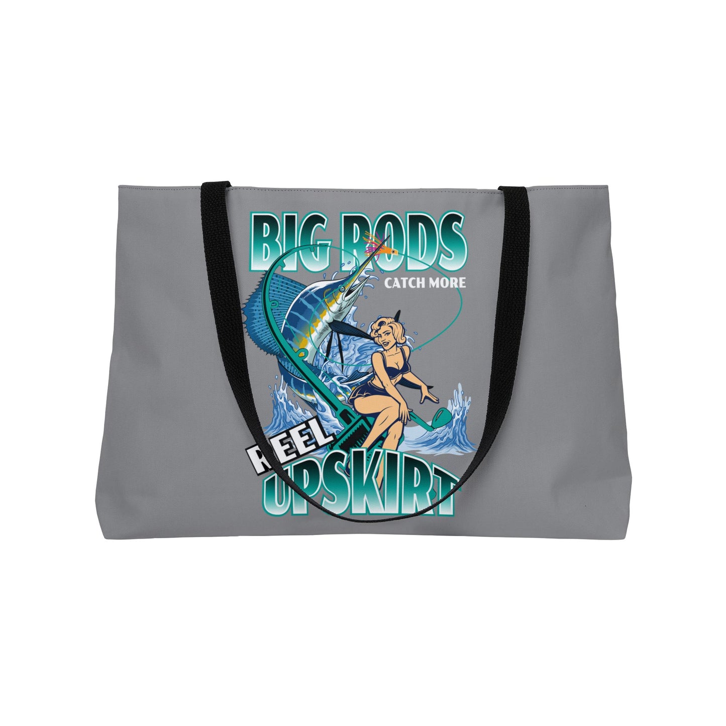 Weekender Tote Bag printed with 2 of our top selling designs, Caught Ya Lookin, and Big Rods Catch More Fish/