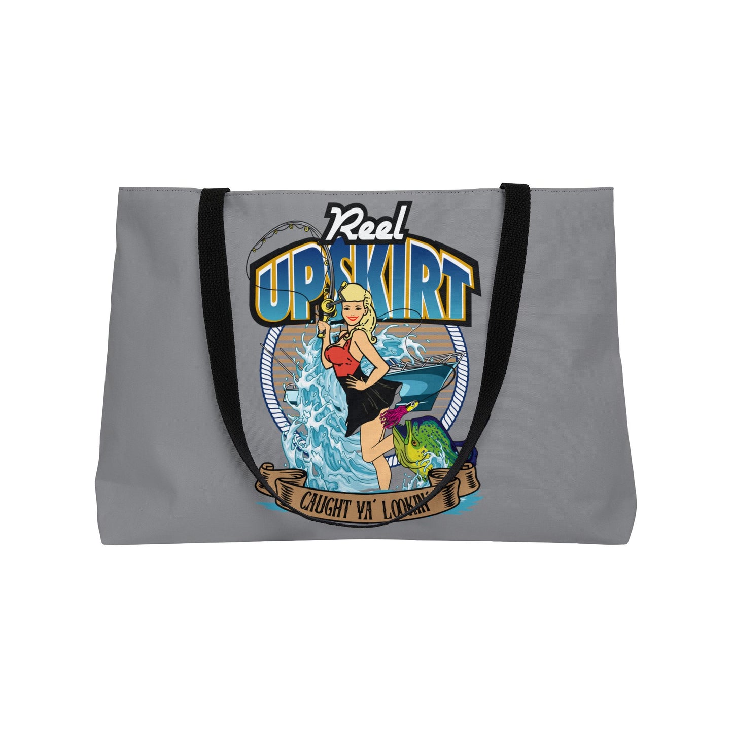 Weekender Tote Bag printed with 2 of our top selling designs, Caught Ya Lookin, and Big Rods Catch More Fish/