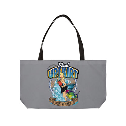 Weekender Tote Bag printed with 2 of our top selling designs, Caught Ya Lookin, and Big Rods Catch More Fish/