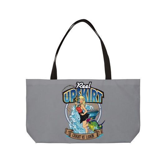 Weekender Tote Bag printed with 2 of our top selling designs, Caught Ya Lookin, and Big Rods Catch More Fish/